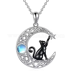Black Cat Moonstone Necklace Black Cat on the Moon Pendant Necklace Cute Lucky Cat Necklace Jewelry Gifts for Women Cat Lovers, Platinum, 15.75 inch(40cm)