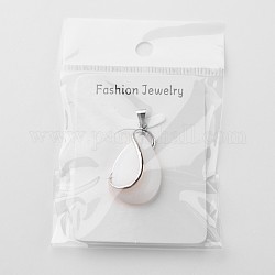 Opalite Drop Pendants, with Brass Findings, Platinum Color, White, 38x21x10mm, Hole: 4x5mm