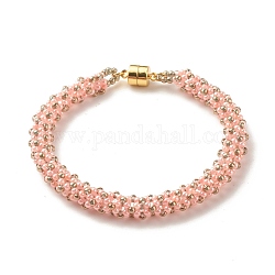 Glass Seed Beaded Bracelet with Brass Magnetic Clasps, Braided Bracelet for Women, Pink, 7-1/2 inch(19cm)
