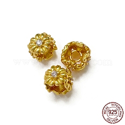 925 Sterling Silver Beads, with Cubic Zirconia, Square with Flower, Real 18K Gold Plated, 4.7x6.1x6.1mm, Hole: 1.8mm