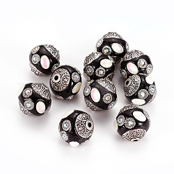 Perles Indonésiennes manuelles, avec strass et accessoires en métal, ronde, argent antique, noir, 14.5~15x14~14.5mm, Trou: 1.5mm