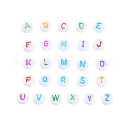 Perles acryliques de l'alphabet, trou horizontal, plat rond, couleur mixte, lettre a ~ z, 7x3.5~4mm, Trou: 1.2mm, environ 20pcs / lettre, 26 lettres d'information, 520 pcs / Set.
