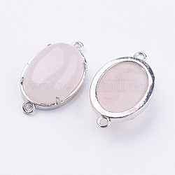 Conectores de enlaces de cuarzo rosa natural de latón, oval, Platino, 15x26x5.5~7mm, agujero: 1.5~2 mm