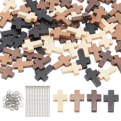 NBEADS 80 Pcs Wooden Cross Pendants, 4 Colors Wood Cross Charms with 120 Pcs Jump Rings 80 Strands Iron Ball Chains for Easter Party DIY Crafts Bracelet Necklace Jewelry Making, Hole: 1.8mm