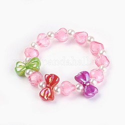 Abalorios acrílicos niños estiran pulseras, bowknot y corazón y redondo, rosa, 1-5/8 pulgada (4.3 cm)