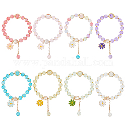ANATTASOUL 8Pcs 8 Colors Glass Round Beaded Stretch Bracelets Set, Alloy Flower Tassel Charms Adjustable Bracelets, Mixed Color, Inner Diameter: 2 inch(5cm), 1Pc/color