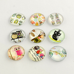 Cartoon Owl Pattern Flatback Half Round/Dome Glass Cabochons, for DIY Projects, Mixed Color, 25x6mm