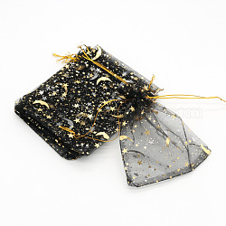 Sacchetti regalo con cordoncino in organza rettangolare con stampa a caldo, borse portaoggetti con stampa luna e stelle, nero, 9x7cm