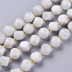 Brins de perles de pierre de lune arc-en-ciel naturel, avec des perles de rocaille, dés célestes à six faces, 10~10.5x10~10.5mm, Trou: 1mm, Environ 32~35 pcs/chapelet, 15.55~15.74 pouce (39.5~40 cm)