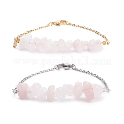 2 pièces 2 couleurs bracelets à maillons perlés à puce de quartz rose naturel sertis de 304 chaînes de câbles en acier inoxydable, bijoux en pierres précieuses pour femmes, 7-1/2 pouce (19 cm)