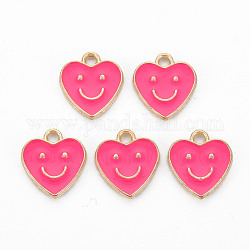 Alloy Enamel Charms, Cadmium Free & Lead Free, Light Gold, Heart with Smile, Deep Pink, 13x12x1.5mm, Hole: 1.6mm