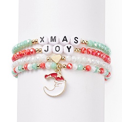 4 Stück 4 Stil Glasstretch-Armbänder mit Wort-Weihnachtsfreude-Acrylperlen, Weihnachtsmond-Legierungs-Charme-Armbänder für Frauen, Mischfarbe, Innendurchmesser: 2-1/8 Zoll (5.5 cm), 1pc / style