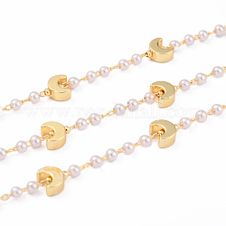 Handmade Plastic Imitation Pearl Beaded Chains, with Brass Moon Beads and Spool, Soldered, Long-Lasting Plated, Round, Golden, Round Beads: 3mm, Moon Beads: 7x7x3.5mm, 32.8 Feet(10m)/roll