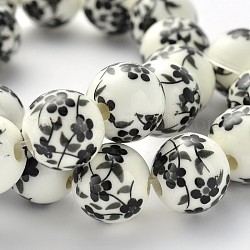 Flower Printed Round Handmade Porcelain Beads Strands, Black, 12mm, Hole: 2mm, about 30pcs/strand, 14.2inch