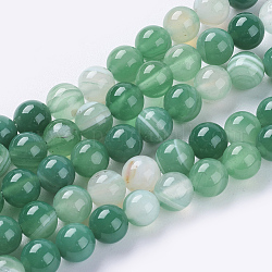 Round Dyed Natural Striped Agate/Banded Agate Beads Strands, Green, 6mm, Hole: 1mm, about 62pcs/strand, 14.8inch