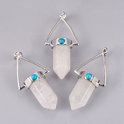 Pendentifs pointus en cristal de quartz naturel, pendentifs en cristal de roche, avec les accessoires en laiton, balle, platine, 53.5x27x17.5mm, Trou: 4.5x7.5mm
