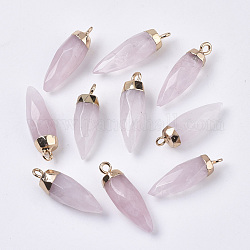 Top Golden Plated Natural Rose Quartz Pointed Pendants, with Iron Loops, Faceted, Bullet, 25~26x7~8mm, Hole: 1.8mm