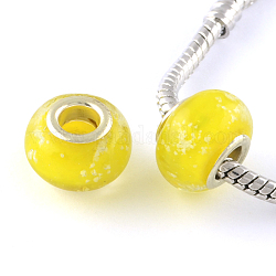 Lueur dans l'obscurité à la main lampwork style lumineux grand trou perles européennes, avec noyaux en laiton plaqué couleur argent, rondelle, jaune, 14x9~10mm, Trou: 5mm