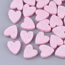 Abalorios acrílicos opacos, con polvo del brillo, corazón, rosa perla, 13.5x13x5mm, agujero: 1.5 mm