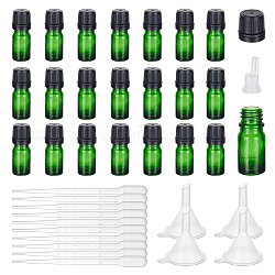 BENECREAT 24 Sets Empty Glass Essential Oil Bottles, with Dropping Plug, 10Pcs Plastic Dropper & 4Pcs Funnel Hopper, Dark Green, Finished: 2.2x5.4cm, Capacity: 5ml(0.17fl. oz)