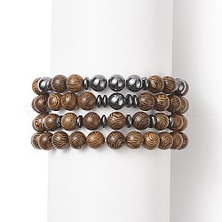 4 Stück 4-teiliges Stretch-Armbandset mit Perlen aus natürlichem Wengeholz und synthetischem Hämatit für Damen, Kamel, Innendurchmesser: 2 Zoll (5.1 cm), 1pc / style