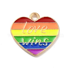 Orgullo arcoíris aleación esmalte colgantes, el corazón con la palabra amor gana, la luz de oro, colorido, 16.5x17.5x1.5mm, agujero: 1.5 mm