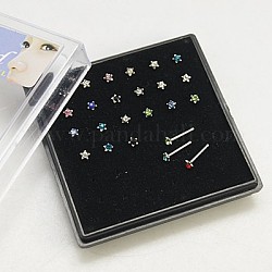 Stainless Steel Nose Studs Nose Piercing Jewelry, with Grade A Rhinestones, Star, Colorful, 10mm, Pin: 0.9mm, Star: 3x3mm