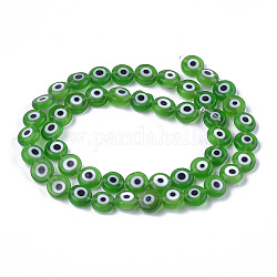 Chapelets de perles vernissées manuelles, plat rond, verte, 7.5x3mm, Trou: 1mm, Environ 48 pcs/chapelet, 13.7 pouce ~ 14.9 pouces