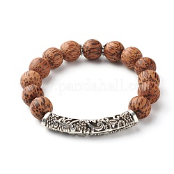 Natural Coconut Wood Beads Stretch Bracelets, with Tibetan Style Alloy Hollow Curved Tube Beads, Coconut Brown, Inner Diameter: 2-3/8 inch(6.1cm), 11.5mm