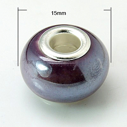 手作り陶器ヨーロピアンビーズ  シルバーカラーの真鍮の二重コアを持つ  ロンデル  ダークスレートブルー  15x10~11mm  穴：5mm