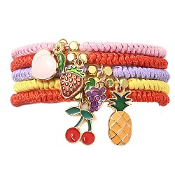 Alloy Enamel Fruit Charm Bracelet, Polyester Braided Adjustable Bracelet, Mixed Color, Inner Diameter: 1-1/4~2-3/4 inch(3.05~7.1cm)