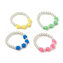 Bracelet extensible perles de fleurs pour enfants, bracelet en perles de verre et perles en pâte polymère, blanc, couleur mixte, diamètre intérieur: 1-1/2 pouce (3.9 cm)