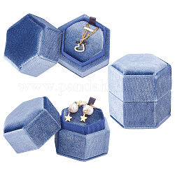 Sechseckige Ringboxen aus Samt, für Schmuck, hellstahlblau, 6.5x5.6x6.2 cm