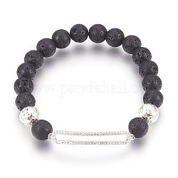 Stretch Bracelets, with Long-Lasting Plated Electroplated Natural Lava Rock, Natural Lava Rock and Brass Cubic Zirconia Beads, Rectangle, Platinum & Silver, 2-1/8 inch(5.4cm)