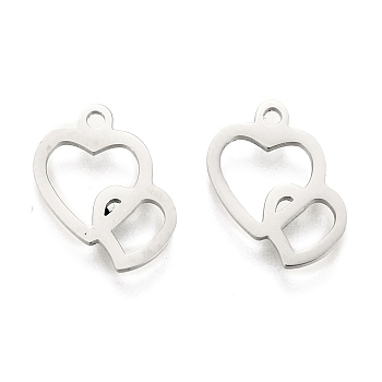 Valentine's Day 304 Stainless Steel Charms, Heart with Heart, Stainless Steel Color, 11.5x10x1mm, Hole: 1.2mm