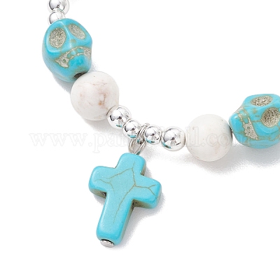 Браслеты с подвесками в виде черепа из латуни с синтетической бирюзой BJEW-JB12192-01-1