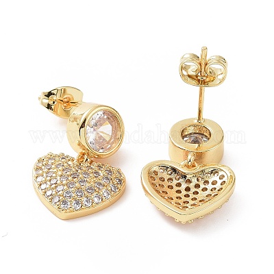 Прозрачные серьги-гвоздики с кубическим цирконием в форме сердца EJEW-C008-18G-1