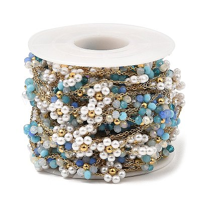 Цепочки с цветочными звеньями из стекла и АБС-пластика с жемчужными бусинами CHS-G028-08G-03-1