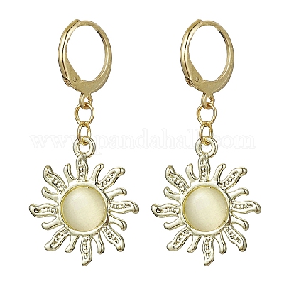 Серьги-подвески в форме солнца из золотистого сплава с кошачьим глазом EJEW-JE05587-02-1