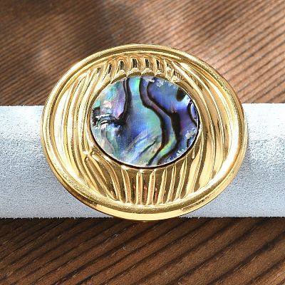 Плоские круглые перстни из ракушки пауа из нержавеющей стали 304 для женщин RJEW-G346-05G-01-1