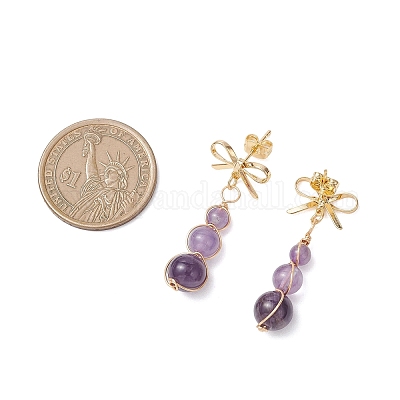 Серьги-гвоздики с круглыми подвесками и натуральным аметистом в виде банта EJEW-JE06780-02-1