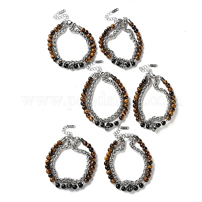 Браслеты из двухрядной цепочки из нержавеющей стали 304 с круглыми бусинами из натурального тигрового глаза и обсидиана BJEW-C119-02-1