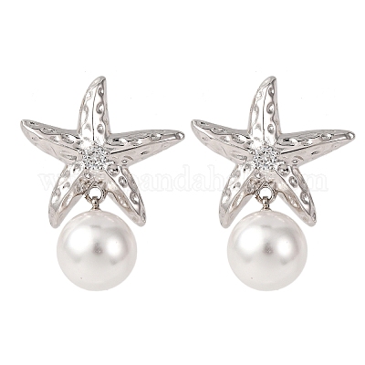 Серьги-гвоздики в форме морской звезды с микропаве из латуни и прозрачными кубическими цирконами EJEW-H165-03B-P-1