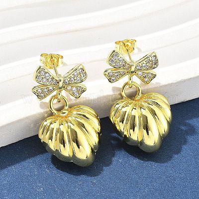 Серьги-гвоздики с бантом из латуни с микропаве из прозрачных кубических цирконий для женщин EJEW-U057-03G-1