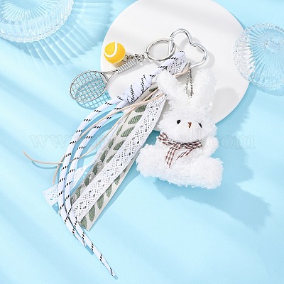 Подвеска в виде теннисной ракетки из полиэфирной веревки и сплава и плюшевого кролика HJEW-JM04385-02-1