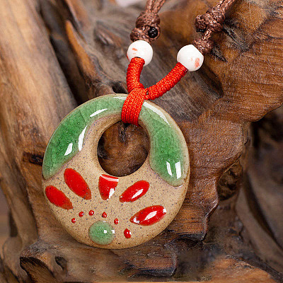 Ретро этнический фарфоровый кулон регулируемые ожерелья из полиэстерового шнура для женщин FS-WGD020A-09-1