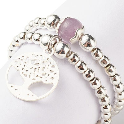 2 шт. 2 стильных кольца с бусинами из натурального лавандового аметиста и синтетического гематита с латунными подвесками в виде дерева жизни RJEW-JR00474-04-1