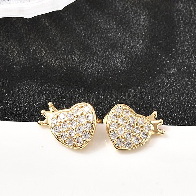 Серьги-гвоздики из латуни с микро-паве и прозрачным фианитом в форме сердца EJEW-A135-11G-1