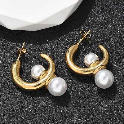 Серьги-гвоздики из нержавеющей стали 304 и пластика ABS с имитацией жемчуга в форме полукольца EJEW-S253-19G-1