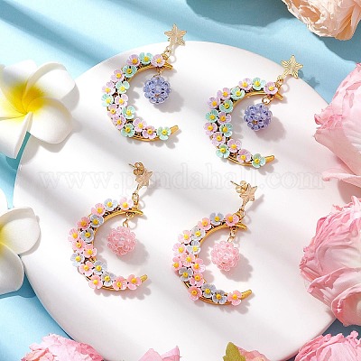 2 пара сережек-гвоздиков в форме луны из стеклянного бисера EJEW-MZ00402-1